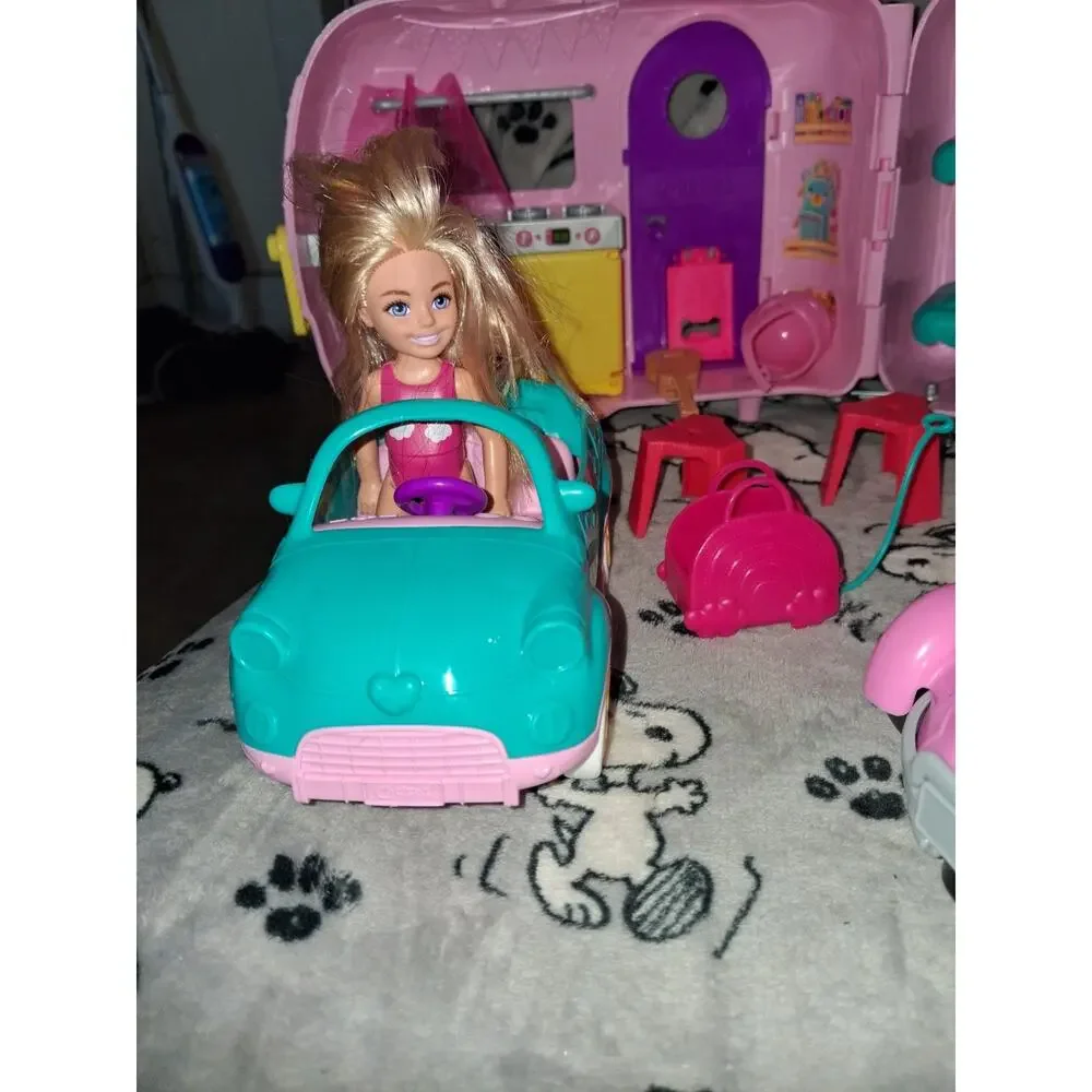 Barbie Pink Chelsea Camper Set With Doll, Racecar, And Accessories